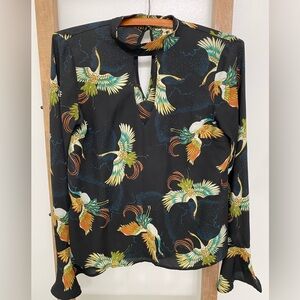 LILY WHITE Black Print blouse|Long Sleeve Ruffle Top|Unisex career Shirt Size XS